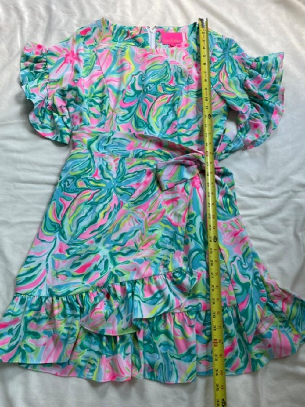 Lilly Pulitzer Women's Ruffle Wrap Bow Tie Knee Length Dress, Green, Size 6 - Picture 8 of 9